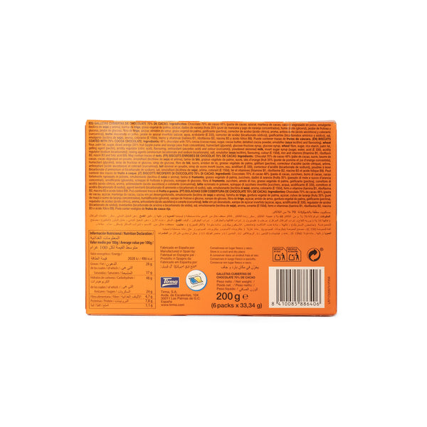 Tirma Orange Biscuits covered in 70% Dark Chocolate 200 g labeled with Nutritional declaration and Ingredients. Spanish orange chocolate biscuit made in Spain.