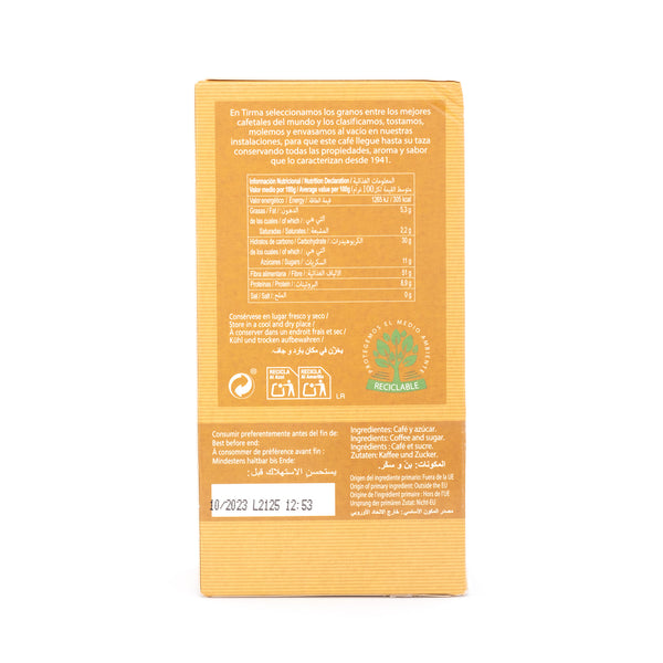 Tirma Torrefacto Coffee, 250g with Nutritional facts and Ingredients label. Spanish coffee made in Spain.