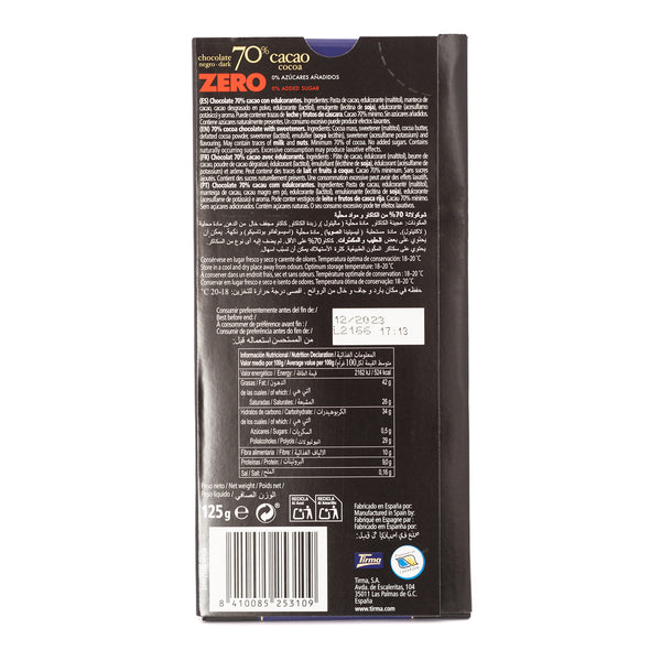 Tirma ZERO Dark Chocolate Bar 70% cocoa no added sugars and gluten free labeled with Ingredients and Nutritional Facts. Spanish chocolate bar made in Spain.