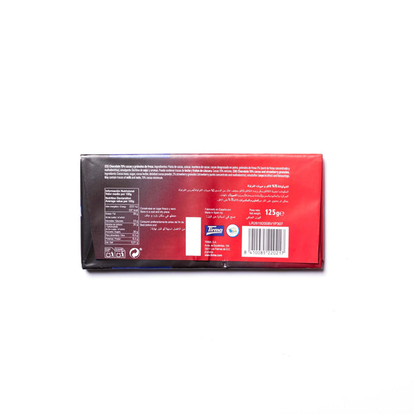 Tirma 70% Dark Chocolate with Strawberry Granules - labeled with Ingredients and Nutritional Facts. Spanish strawberry chocolate made in Spain.
