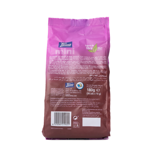 Tirma Mini 50% Milk Chocolate Bars, 30% Less Sugars 180 g with the Ingredients label. Spanish mini milk chocolate bars made in Spain.
