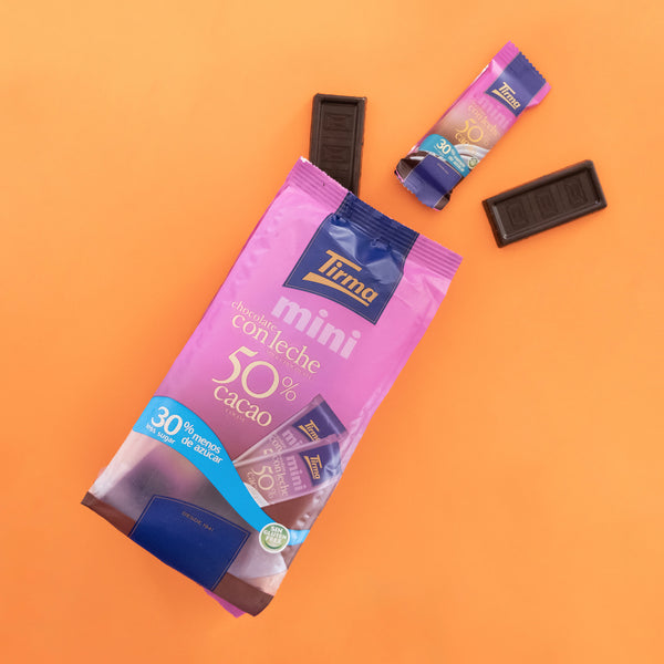 Tirma Mini 50% Milk Chocolate Bars, 30% Less Sugars 180 g with 2 open chocolate bars in orange background. Spanish mini milk chocolate bars made in Spain