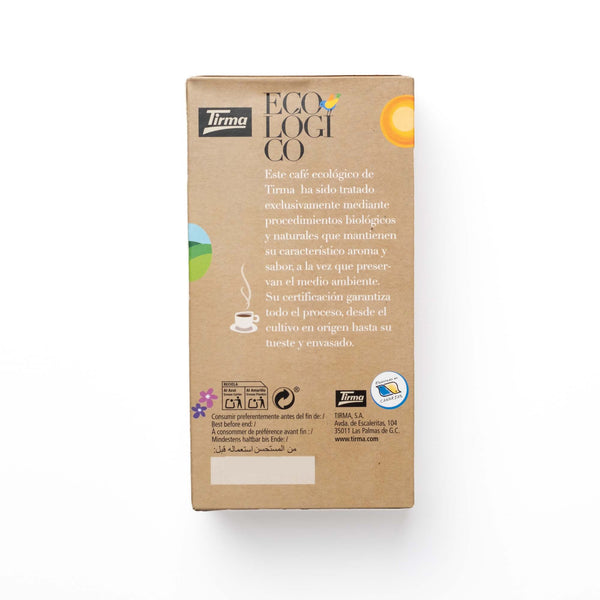 Tirma Organic Blend Coffee 250 g back information. Spanish coffee made in Spain.
