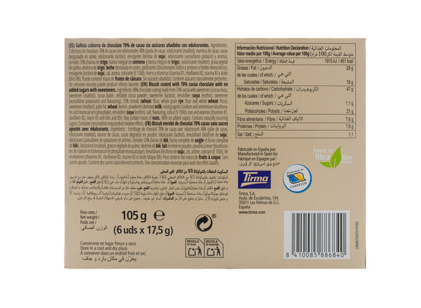 Tirma Snack Be Zero 70% dark chocolate nutritional and ingredients information on the back of the box. Ingredients available in English, Spanish, French and Arabic. Spanish biscuit made in Spain.