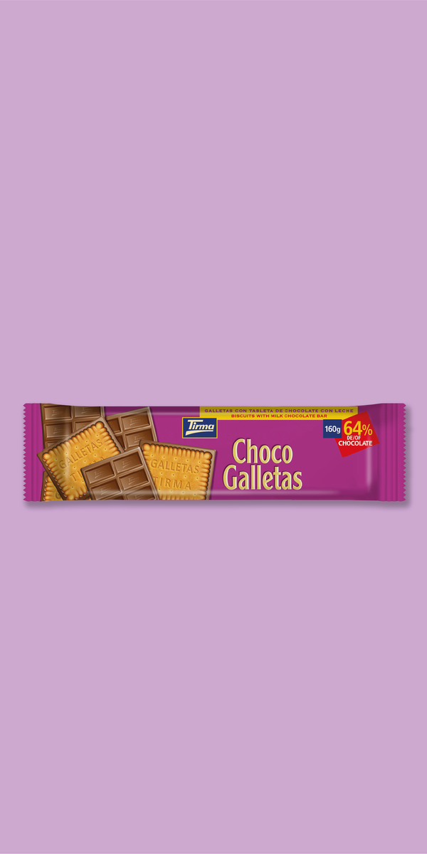 Tirma Biscuits with Milk Chocolate 160 g in a pink background. Spanish milk chocolate biscuits made in Spain.
