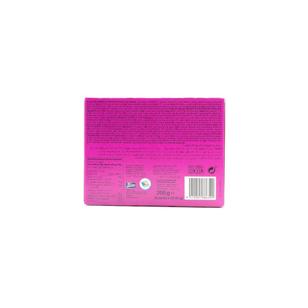 Coconut Biscuit covered in Milk Chocolate 200 g with Nutritional facts and Ingredients label. Spanish coconut biscuits made in Spain.