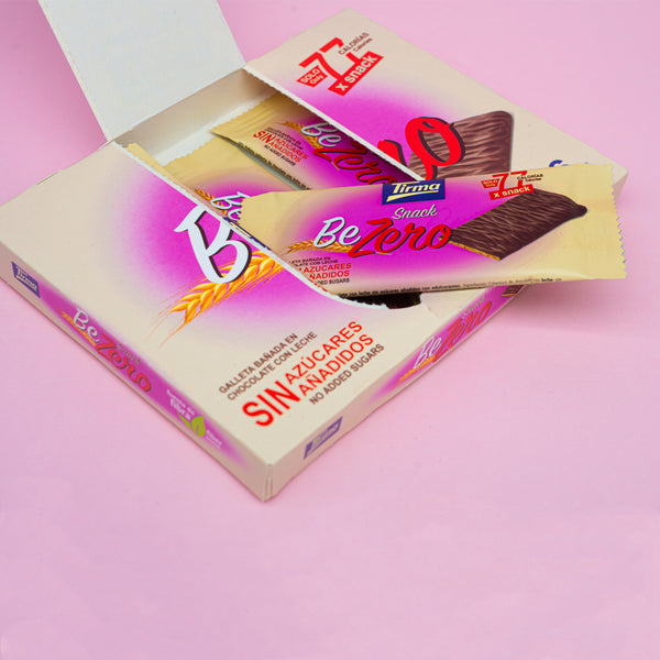 Tirma Snack BeZero box open with a milk chocolate biscuit bar coming out of the box. Spanish biscuits made in Spain.