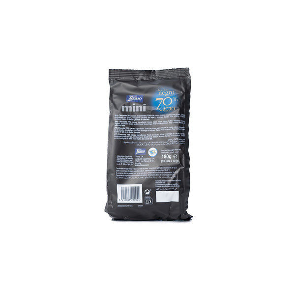 Tirma Mini Dark Chocolate Bars - 70% Chocolate with Ingredients label. Spanish mini chocolate bar made in Spain.