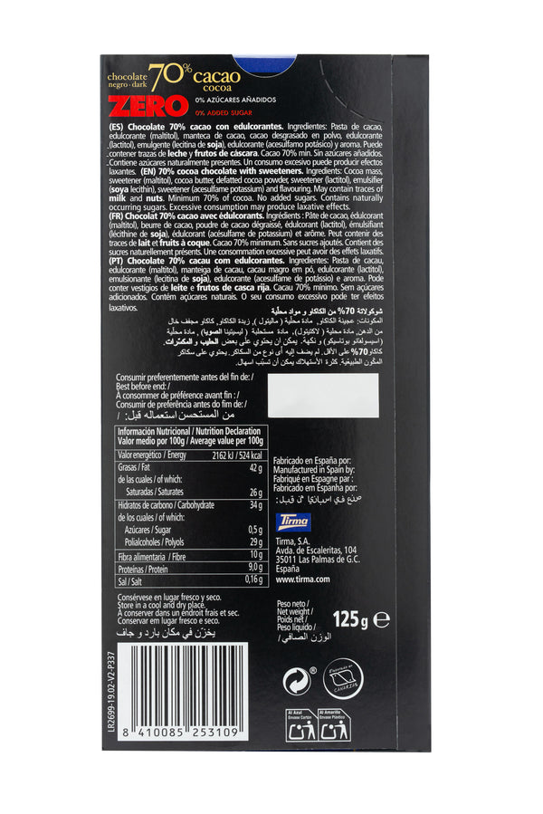 Tirma ZERO Dark Chocolate Bar 70% cocoa no added sugars and gluten free labeled with Ingredients and Nutritional Facts. Spanish chocolate bar made in Spain