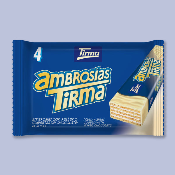 Tirma White Chocolate Wafers, 86g. Pack of 4. Suitable for Vegetarians. Made in Spain. Placed against a blue background