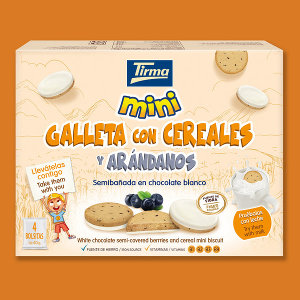 Tirma Cereal and Blueberry Mini Biscuit Semicovered with White Chocolate 160 g in orange background. Spanish biscuits made in Spain.
