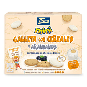 Tirma Cereal and Blueberry Mini Biscuit Semicovered with White Chocolate 160 g. Spanish biscuits made in Spain.