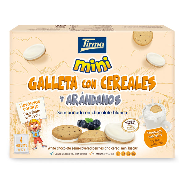 Tirma Cereal and Blueberry Mini Biscuit Semicovered with White Chocolate 160 g. Spanish biscuits made in Spain.