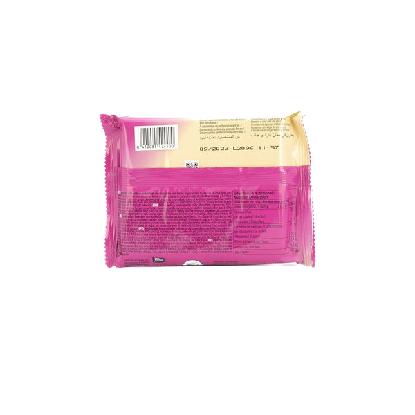 Tirma Milk Chocolate wafers filled with cream. Pack of 4 individual wafers, 86g against a white background labeled with Ingredients and Nutritional Facts. Spanish milk chocolate wafers made in Spain.