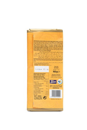 Back view of Tirma's milk chocolate with orange cream with ingredients and branding on a white background