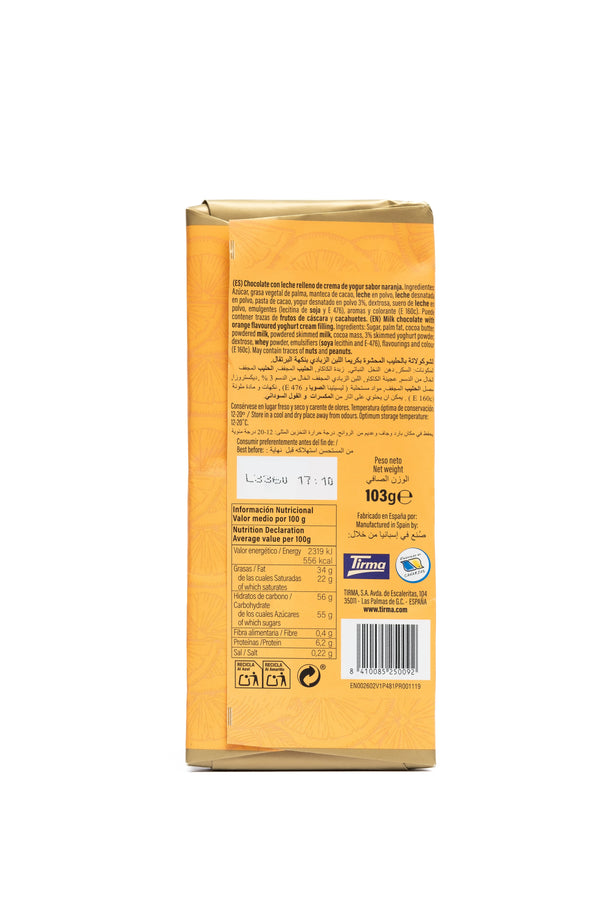 Back view of Tirma's milk chocolate with orange cream with ingredients and branding on a white background