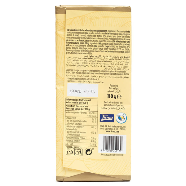 Back view of Tirma's Banana flavoured chocolate bar with ingredients 