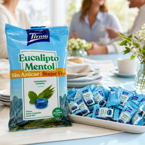 Sugar-free menthol candy bag on a table with three people chatting behind it