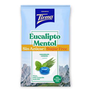 A bag of Tirma sugar free eucalyptus and menthol hard boiled candies 150g against a plain white background.