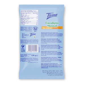 Back of Tirma sugar free eucalyptus menthol candy packaging with nutrition facts and ingredients.