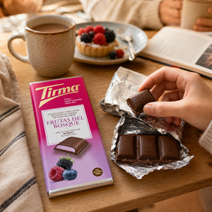 A person's hand unwraps a Tirma chocolate bar on a wooden table, with a coffee mug, a plate of berries, and an open book in the background.
