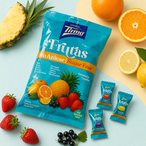 A bag of Tirma Frútas sin azúcar (sugar-free fruit candies) is displayed on a split pastel blue and beige background, surrounded by fresh fruit props including strawberries, oranges, lemons, pineapples, and blackberries. Three individual wrapped candies are shown to the right of the main bag.