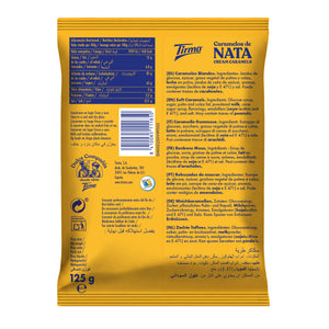 Tirma soft caramel candy, packaging with instructions in Spanish, English, Italian, French, Portuguese, German, and Dutch. It also contains nutritional values