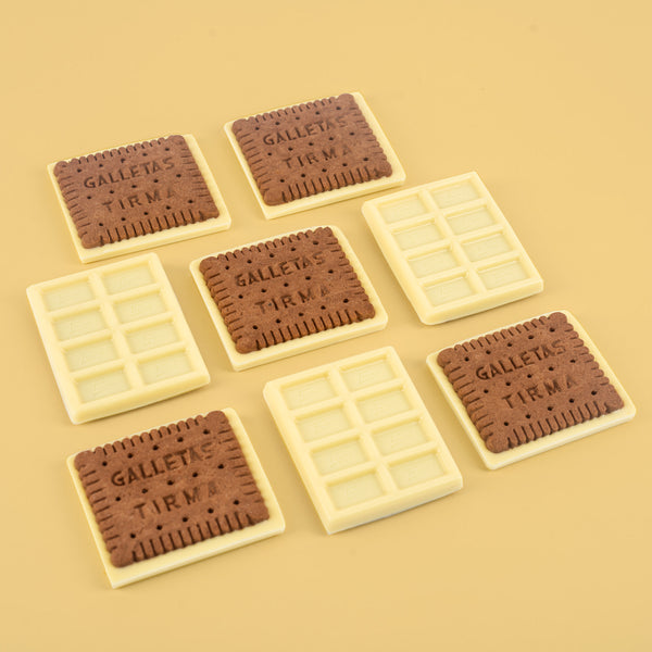 8 Tirma White Chocolate Biscuits - Choco Galletas - displaying the white chocolate bar and the biscuit. Spanish white chocolate bar and biscuit made in Spain.