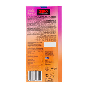 Tirma milk chocolate with whole almonds - no added sugar in white background. Nutritional Value and Ingredients label. Spanish chocolate made in Spain.