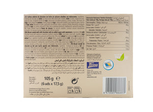Tirma Milk Chocolate Biscuit Snack BeZero bar with its nutritional values and ingredients. Contains no added sugars, fibres and vitamins. 105g. Spanish biscuits made in Spain.