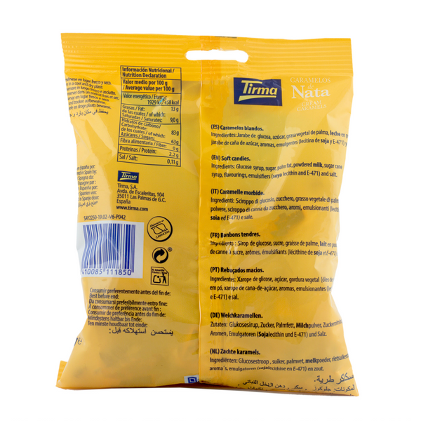 Tirma Cream Caramel Candy labeled with Ingredients and Nutritional Declaration. Spanish cream caramel candy made in Spain.
