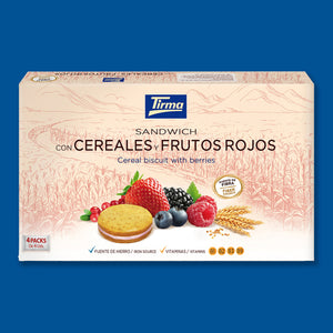 Tirma Cereal and Berry Biscuit Sandwich in a blue background. Spanish biscuit sandwich made in Spain.