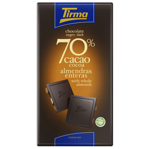 Tirma Dark Chocolate 70% with Whole Almonds. Spanish chocolate made in Spain.