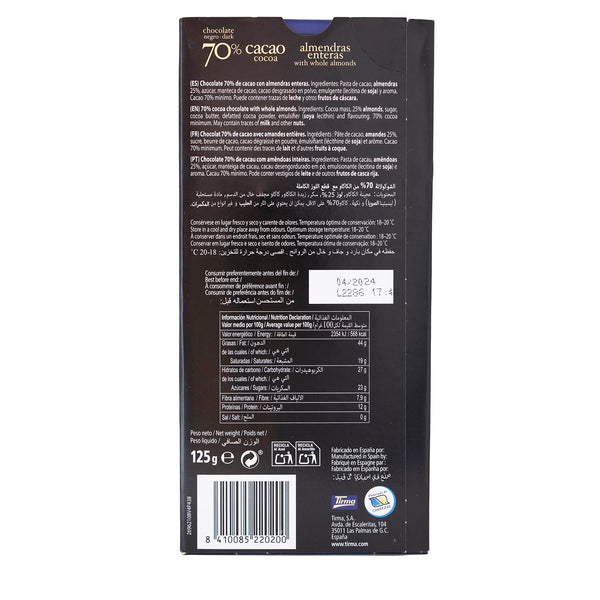 Tirma 70% dark chocolate bar with whole almonds, 125g. Gluten Free Chocolate labeled with Ingredients and a Nutritional facts. Spanish chocolate with almonds made in Spain.