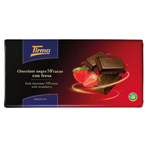 Tirma 70% Dark Chocolate with Strawberry Granules. Spanish strawberry chocolate made in Spain.