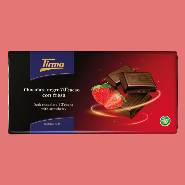 Tirma 70% Dark Chocolate with Strawberry Granules in a pink bacground. Spanish strawberry chocolate made in Spain.