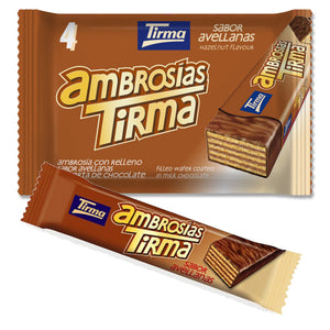 Tirma wafers filled with hazelnut cream dipped in milk chocolate. Pack of 4, 86g