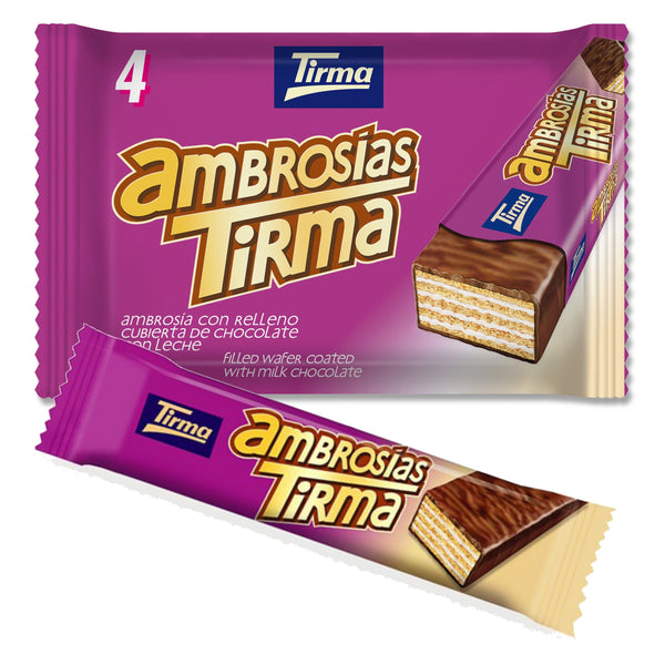 Tirma Milk Chocolate wafers filled with cream. Pack of 4 individual wafers, 86g against a white background.