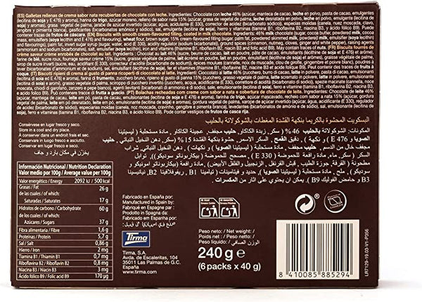 Tirma Milk Chocolate & Ginger Biscuit Sandwich 240 g labeled with Ingredients and Nutritional facts. Spanish biscuits made in Spain.