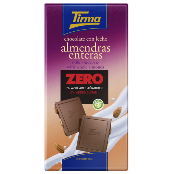 Tirma milk chocolate with whole almonds - no added sugar. Spanish chocolate made in Spain.