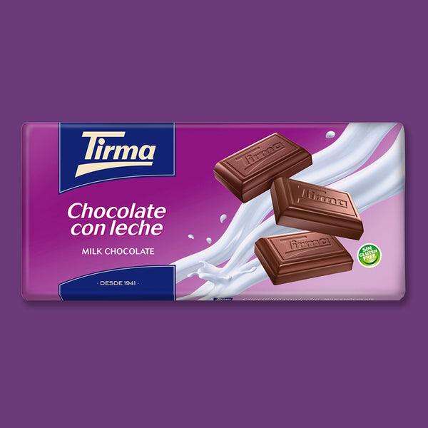 Tirma Milk Chocolate Bar, 150g in a purple background. Spanish milk chocolate bar made in Spain.
