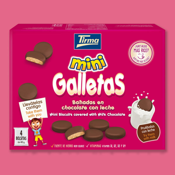 Tirma Mini Milk Chocolate Covered Biscuit 160 g in a pink background. Spanish mini biscuits made in Spain.