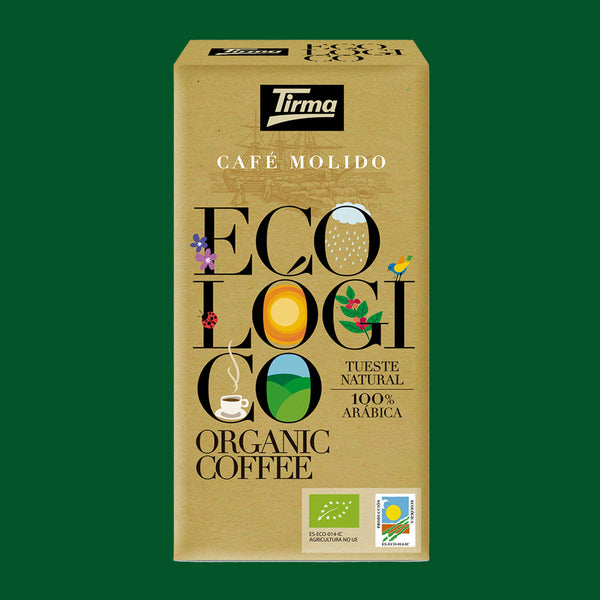 Tirma Organic Blend Coffee 250 g in a green background. Spanish coffee made in Spain.
