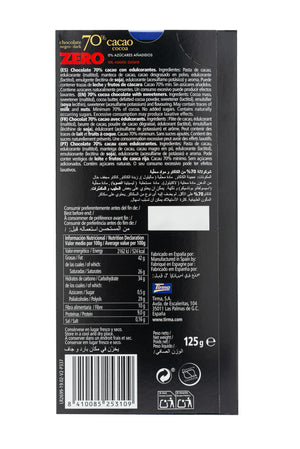 Tirma ZERO Dark Chocolate Bar 70% cocoa no added sugars and gluten free labeled with Ingredients and Nutritional Facts. Spanish chocolate bar made in Spain