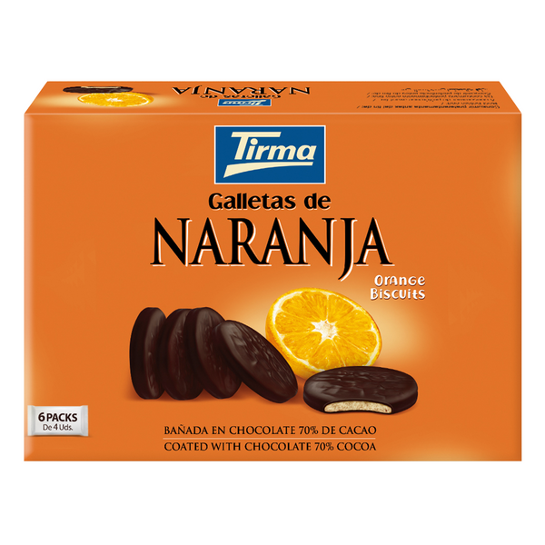 Tirma Orange Biscuits covered in 70% Dark Chocolate 200 g. Spanish orange chocolate biscuit made in Spain.