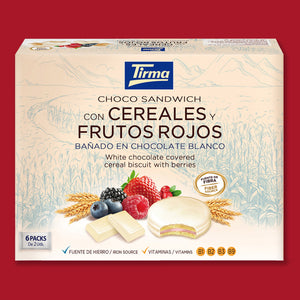 Tirma Cereal and Berry Chocolate Biscuit Sandwich Covered in White Chocolate 240 g in a red background. Spanish cereal biscuits made in Spain.