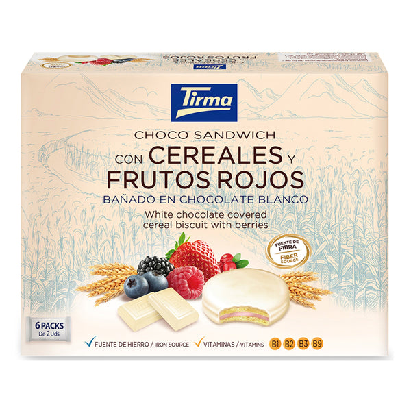 Tirma Cereal and Berry Chocolate Biscuit Sandwich Covered in White Chocolate 240 g. Spanish cereal biscuits made in Spain.