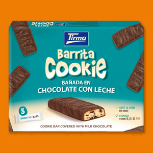 Tirma Chocolate Chips Biscuit Bars Covered with Milk Chocolate in orange background, Spanish chocolate chips biscuit bar made in Spain.