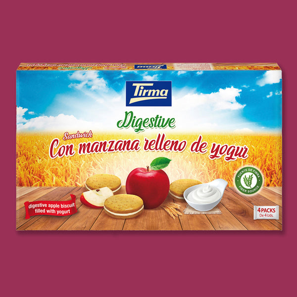Tirma Digestive Apple Biscuit Filled with Yogurt Cream in a red background. Spanish apple biscuits made in Spain