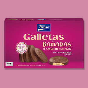 Tirma Milk Chocolate Covered Biscuit 200 g in a pink background. Spanish biscuits made in Spain.